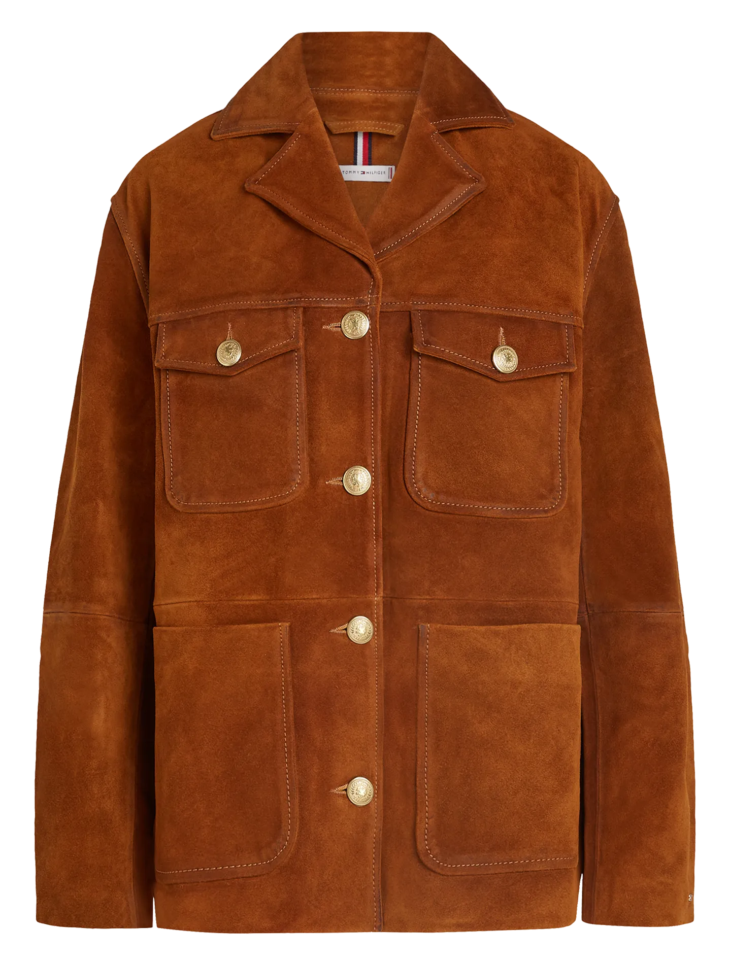 TOMMY HILFIGER Chaqueta recta de cuello clásico en cuero de gamuza. en marron