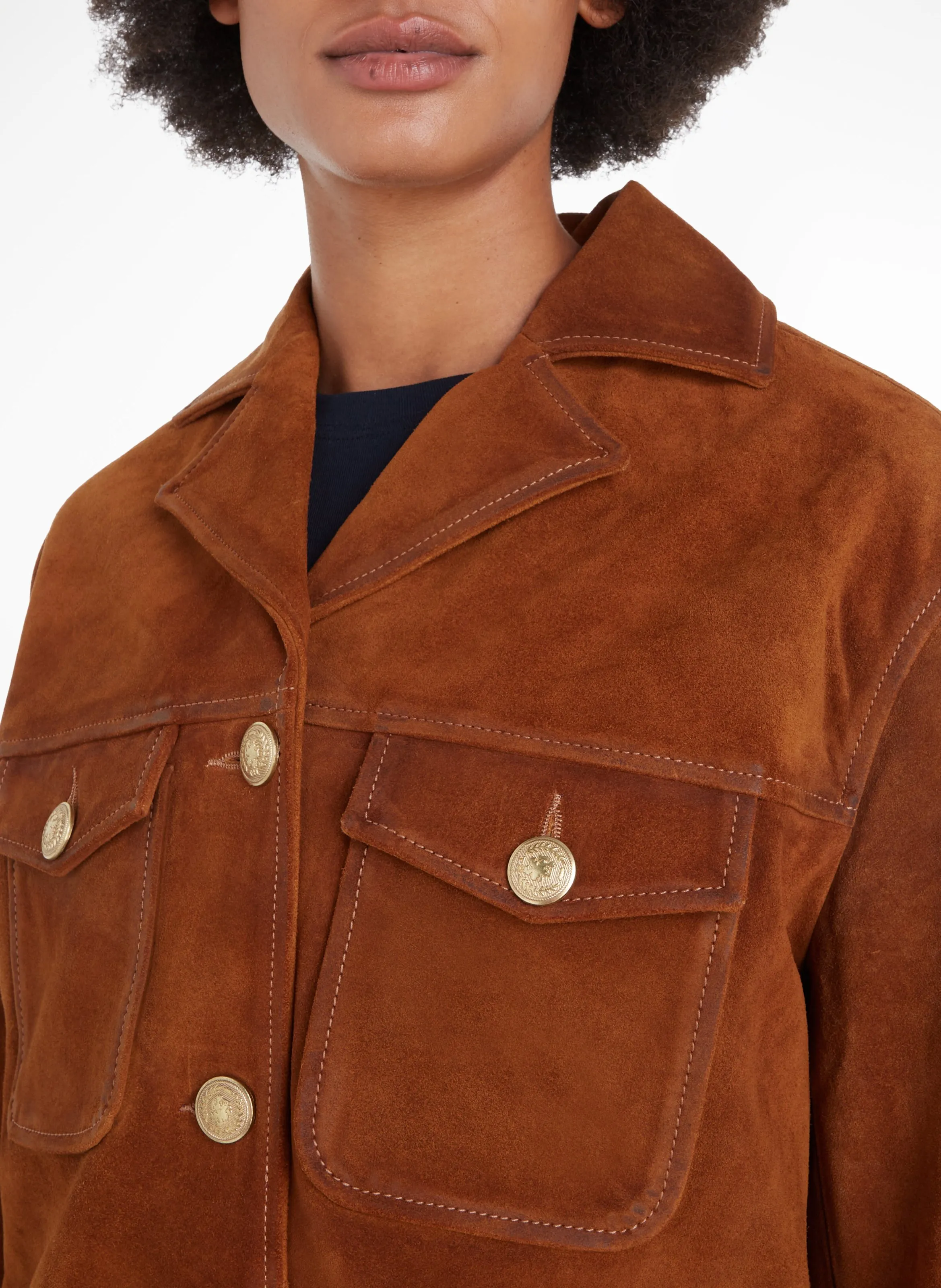 TOMMY HILFIGER Chaqueta recta de cuello clásico en cuero de gamuza. en marron