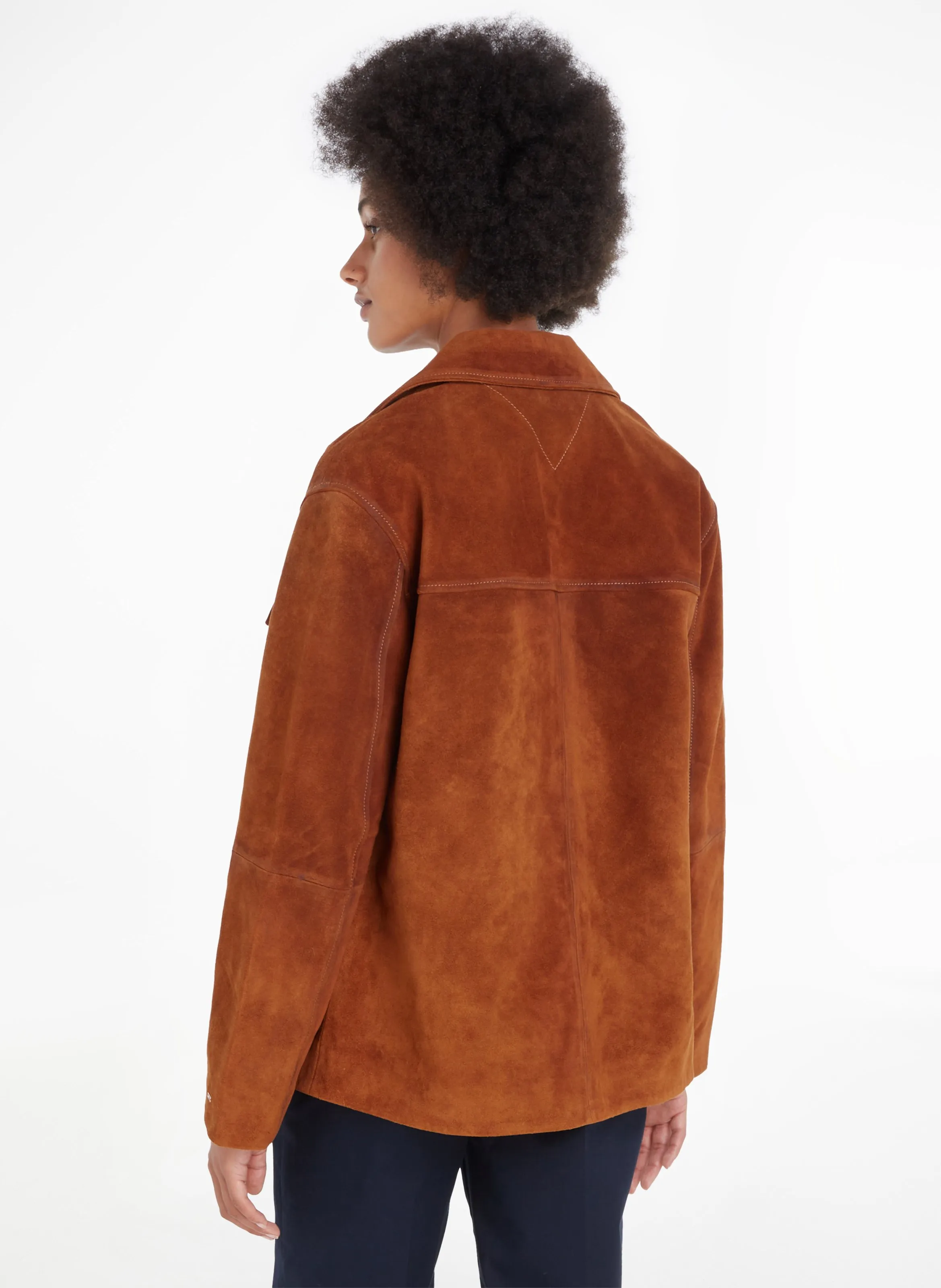 TOMMY HILFIGER Chaqueta recta de cuello clásico en cuero de gamuza. en marron