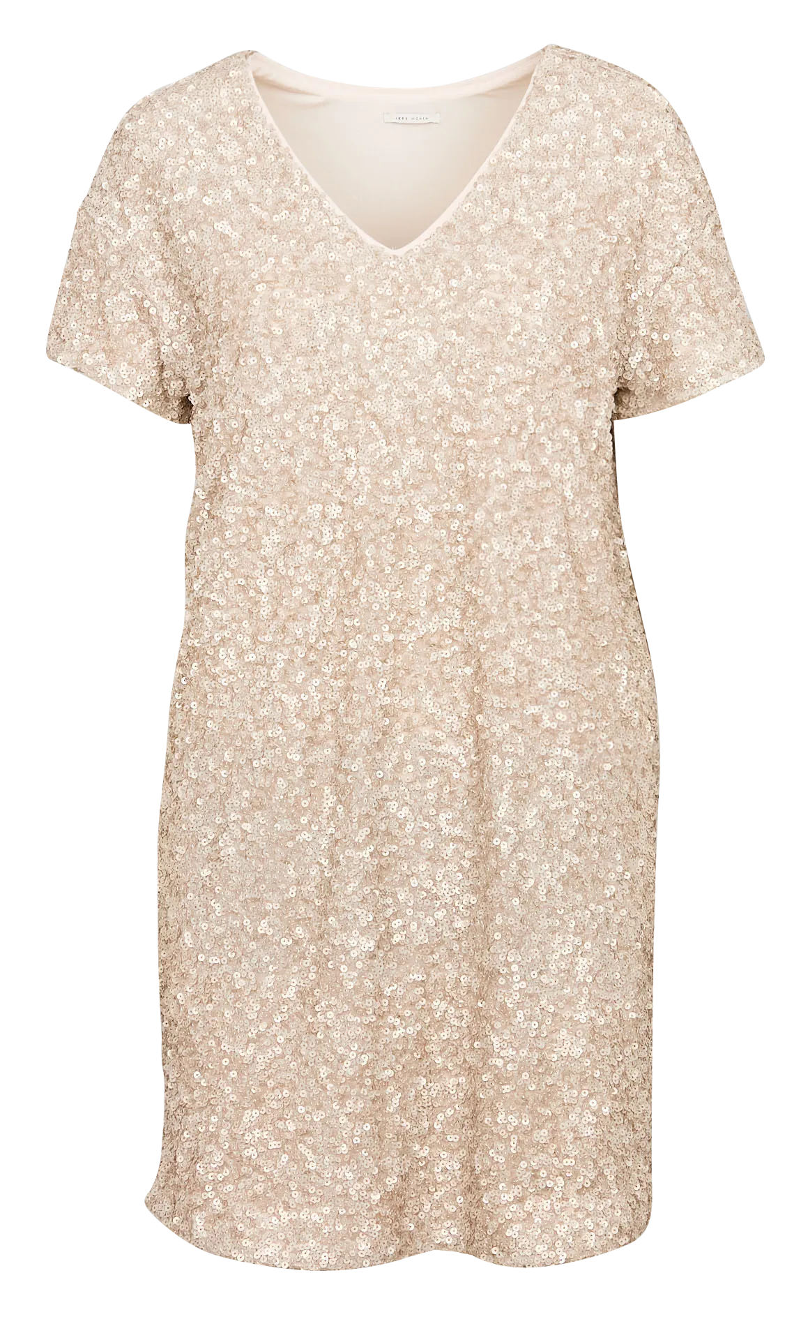 Vestido corto con cuello de pico y lentejuelas en dorado