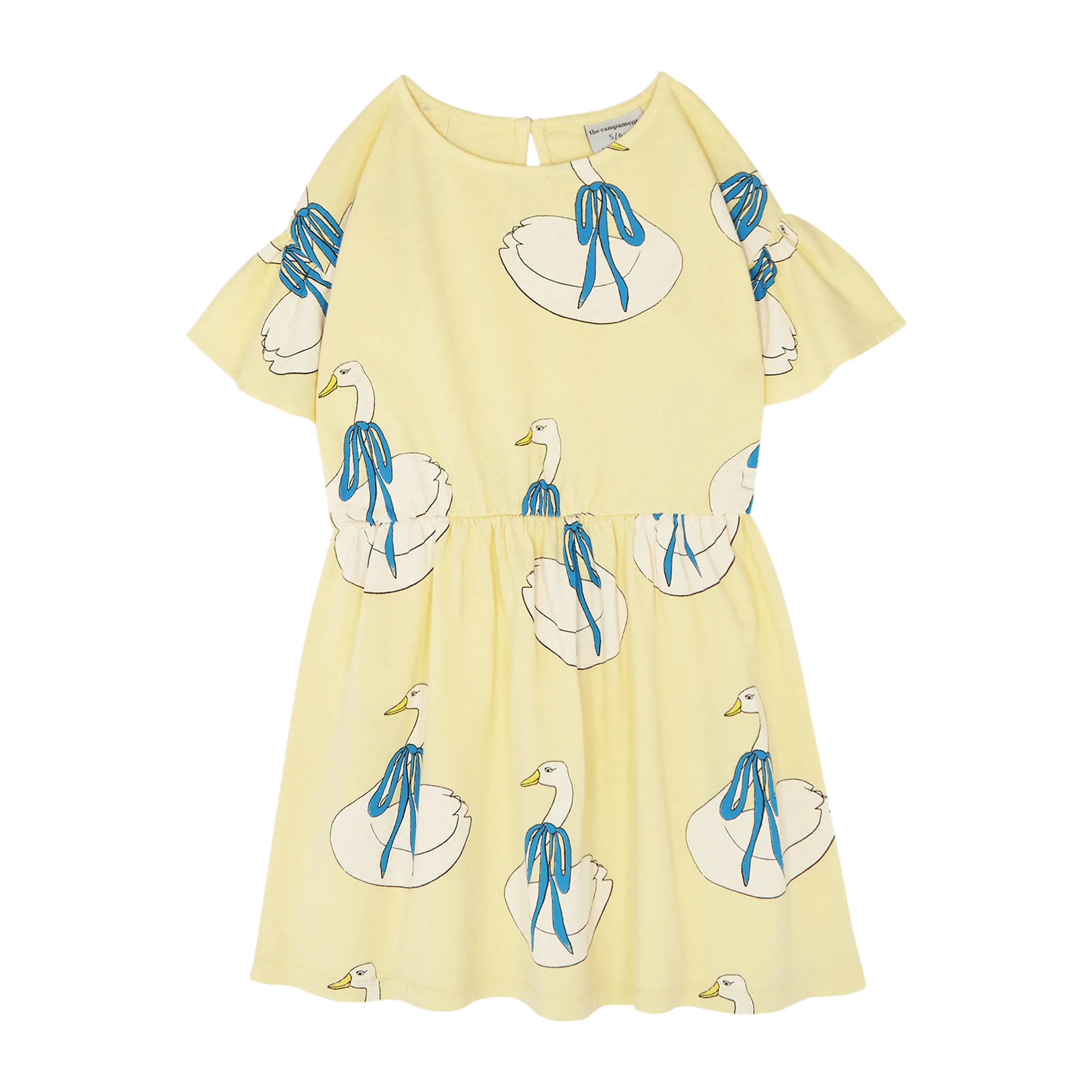 Vestido corto de algodón estampado con cuello redondo en amarillo