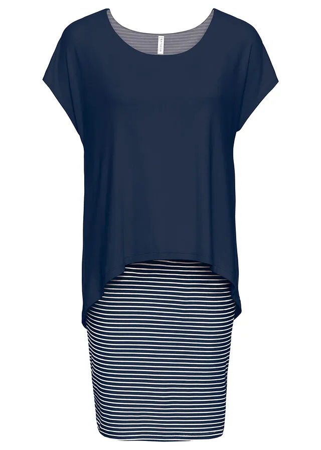 VESTIDO DE PUNTO CON FALDA DE RAYAS AZUL OSCUROBLANCO