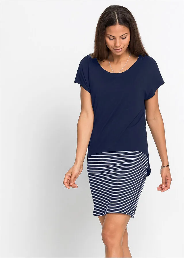 VESTIDO DE PUNTO CON FALDA DE RAYAS AZUL OSCUROBLANCO