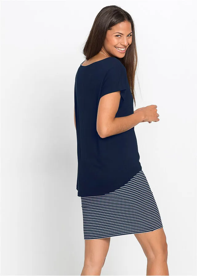 VESTIDO DE PUNTO CON FALDA DE RAYAS AZUL OSCUROBLANCO
