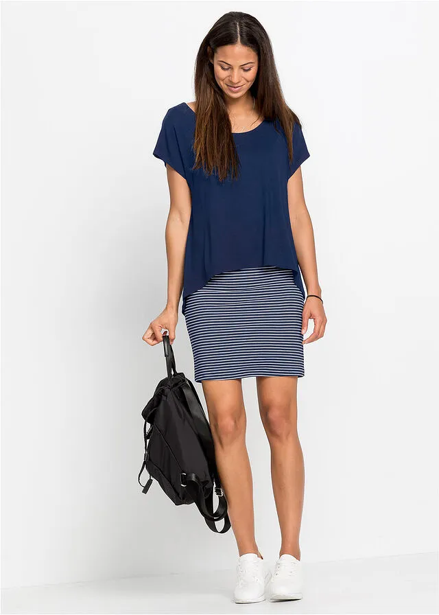 VESTIDO DE PUNTO CON FALDA DE RAYAS AZUL OSCUROBLANCO