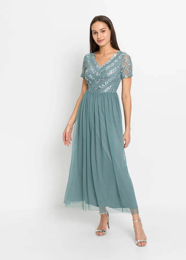 Vestido maxi con lentejuelas Azul grisáceo