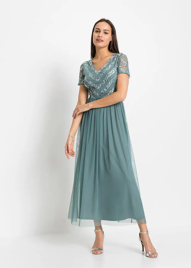 Vestido maxi con lentejuelas Azul grisáceo