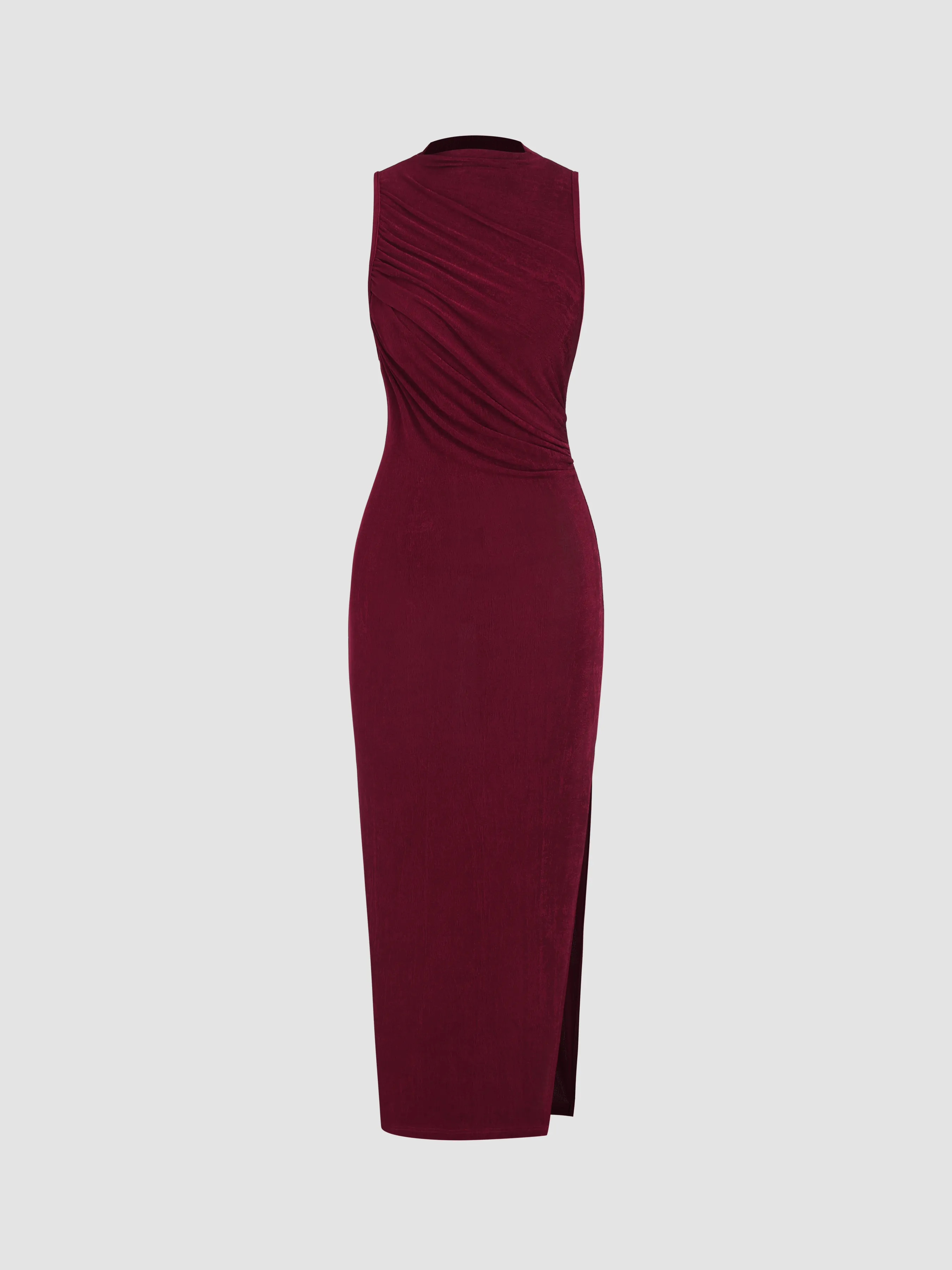 Vestido Maxi Sólido Sin Mangas con Cuello Alto y Abertura en Jersey