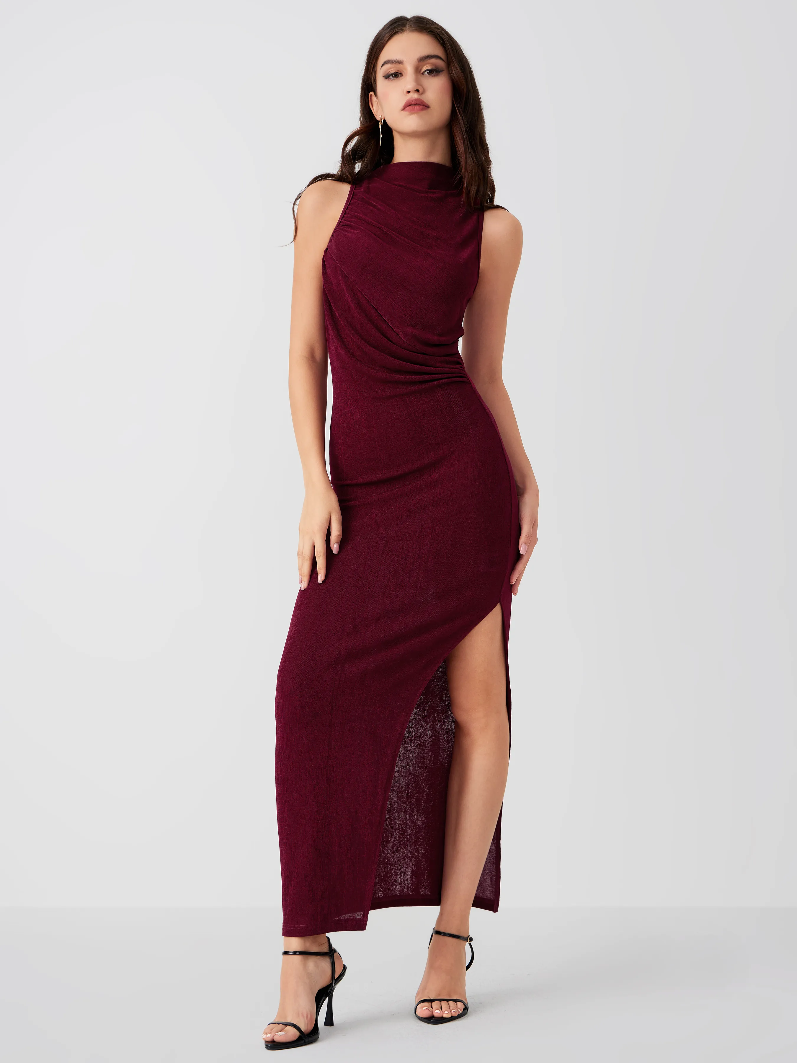  Vestido Maxi Sólido Sin Mangas con Cuello Alto y Abertura en Jersey