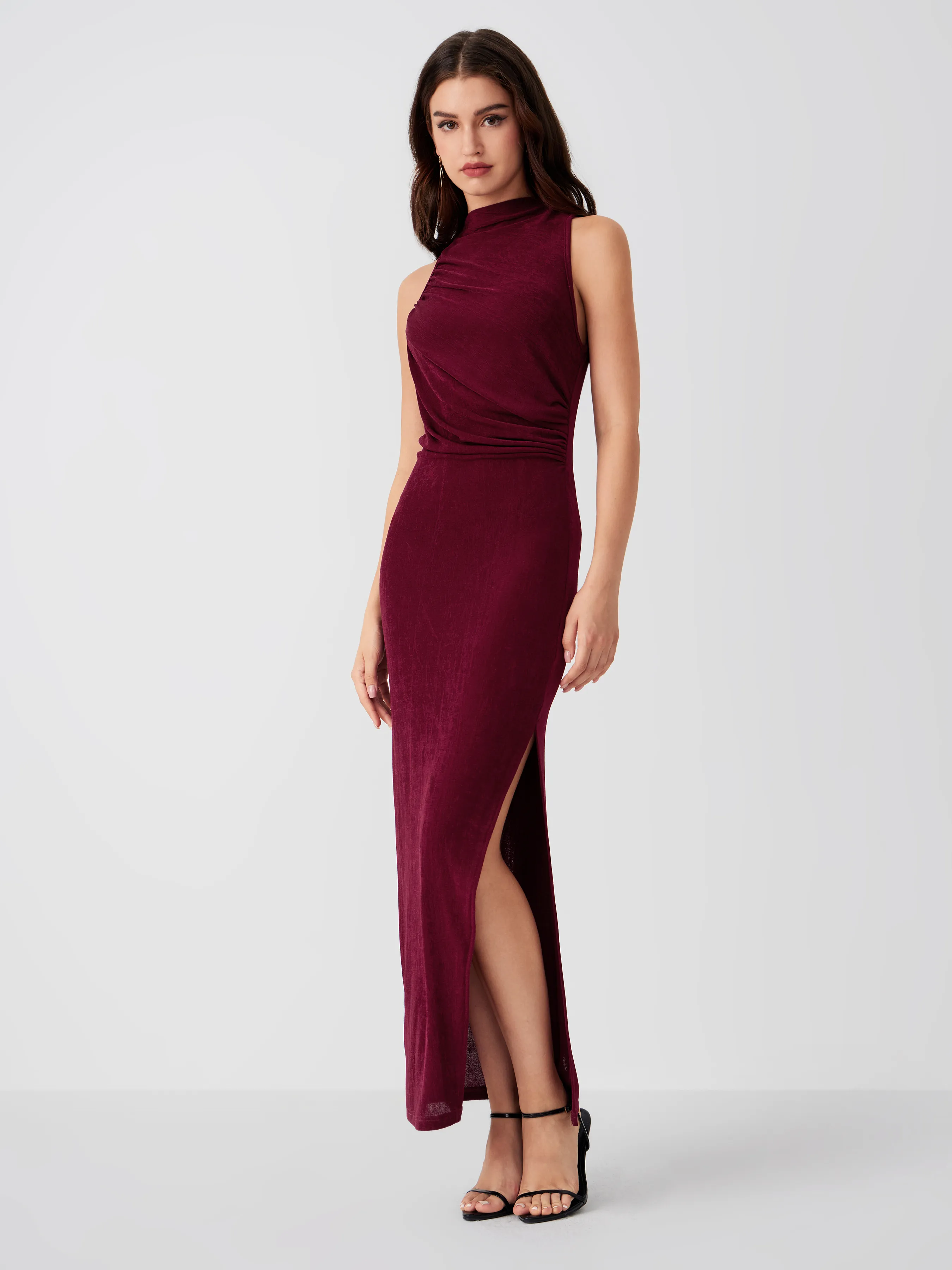  Vestido Maxi Sólido Sin Mangas con Cuello Alto y Abertura en Jersey