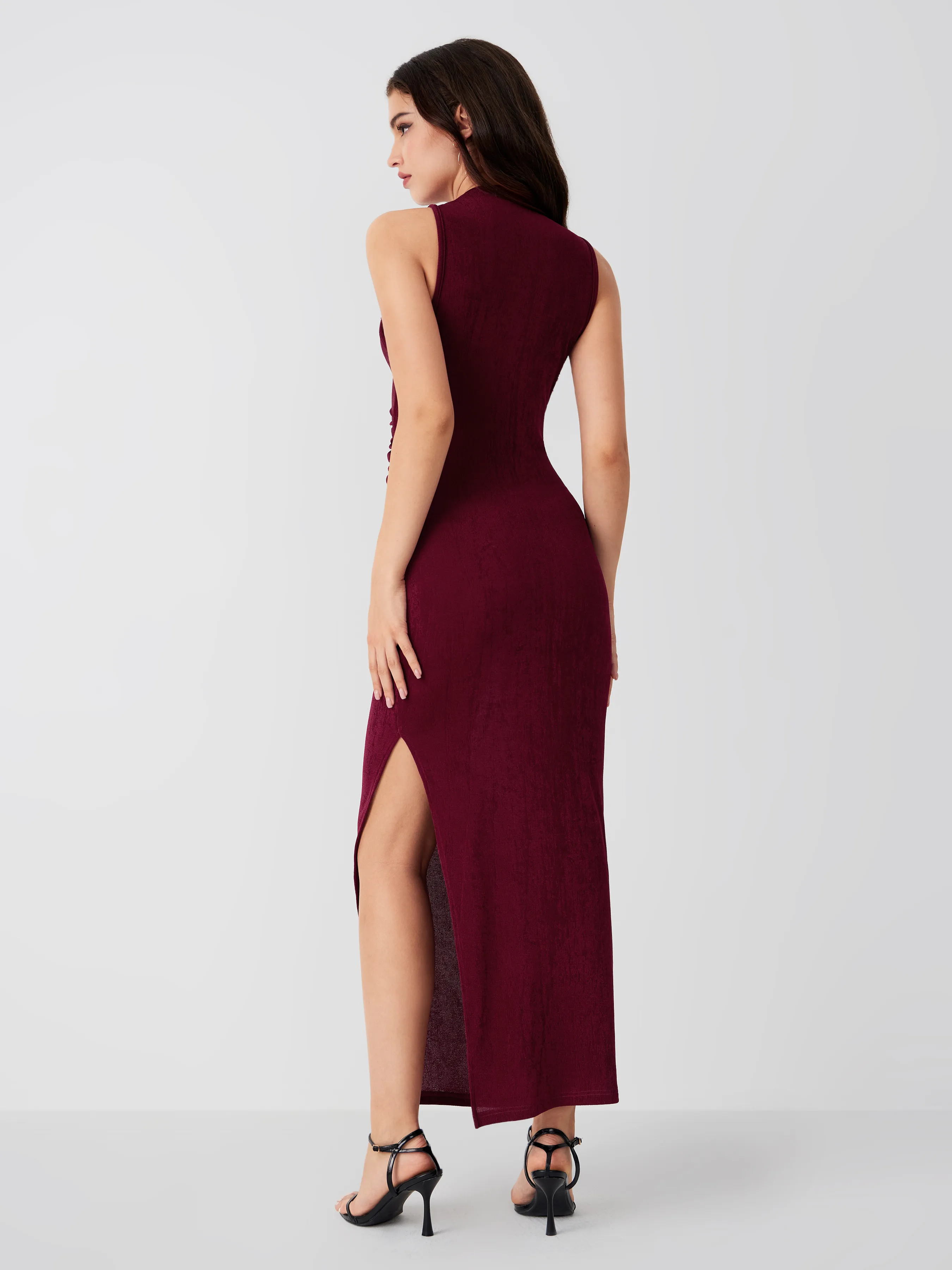  Vestido Maxi Sólido Sin Mangas con Cuello Alto y Abertura en Jersey