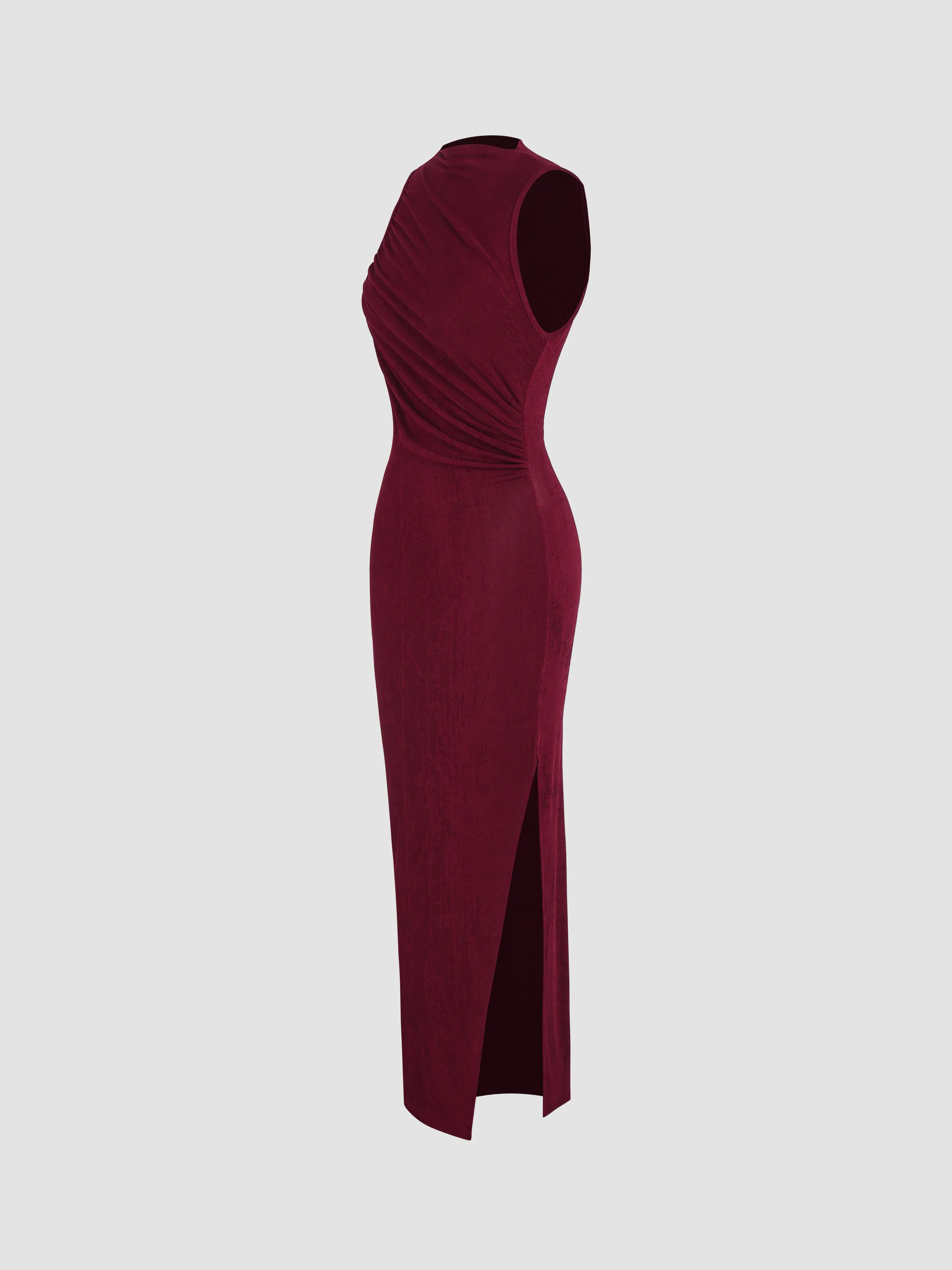  Vestido Maxi Sólido Sin Mangas con Cuello Alto y Abertura en Jersey