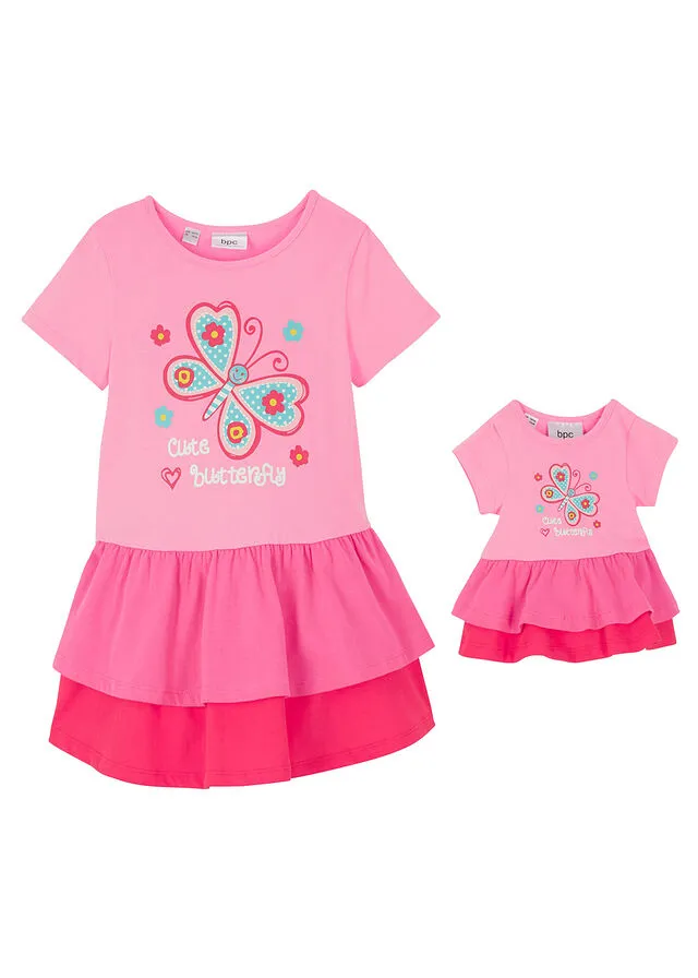 Vestido para niña y vestido de muñeca (2 piezas) de algodón orgánico Rosa