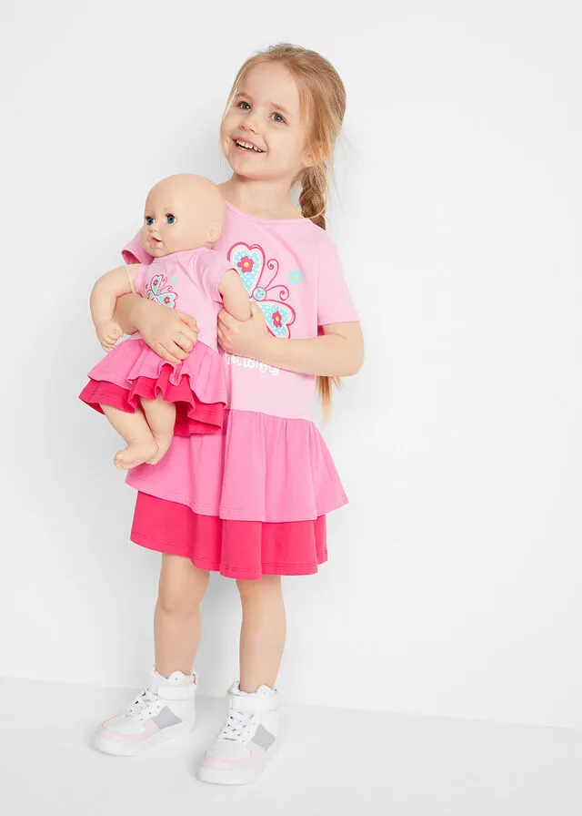 Vestido para niña y vestido de muñeca (2 piezas) de algodón orgánico Rosa