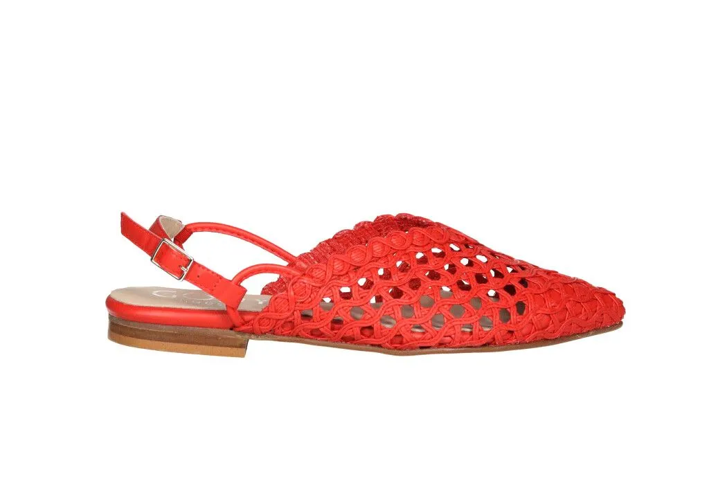 Zapato Talon Abierto Piel Rojo Enrejado Calados