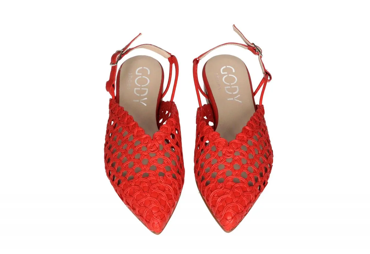 Zapato Talon Abierto Piel Rojo Enrejado Calados