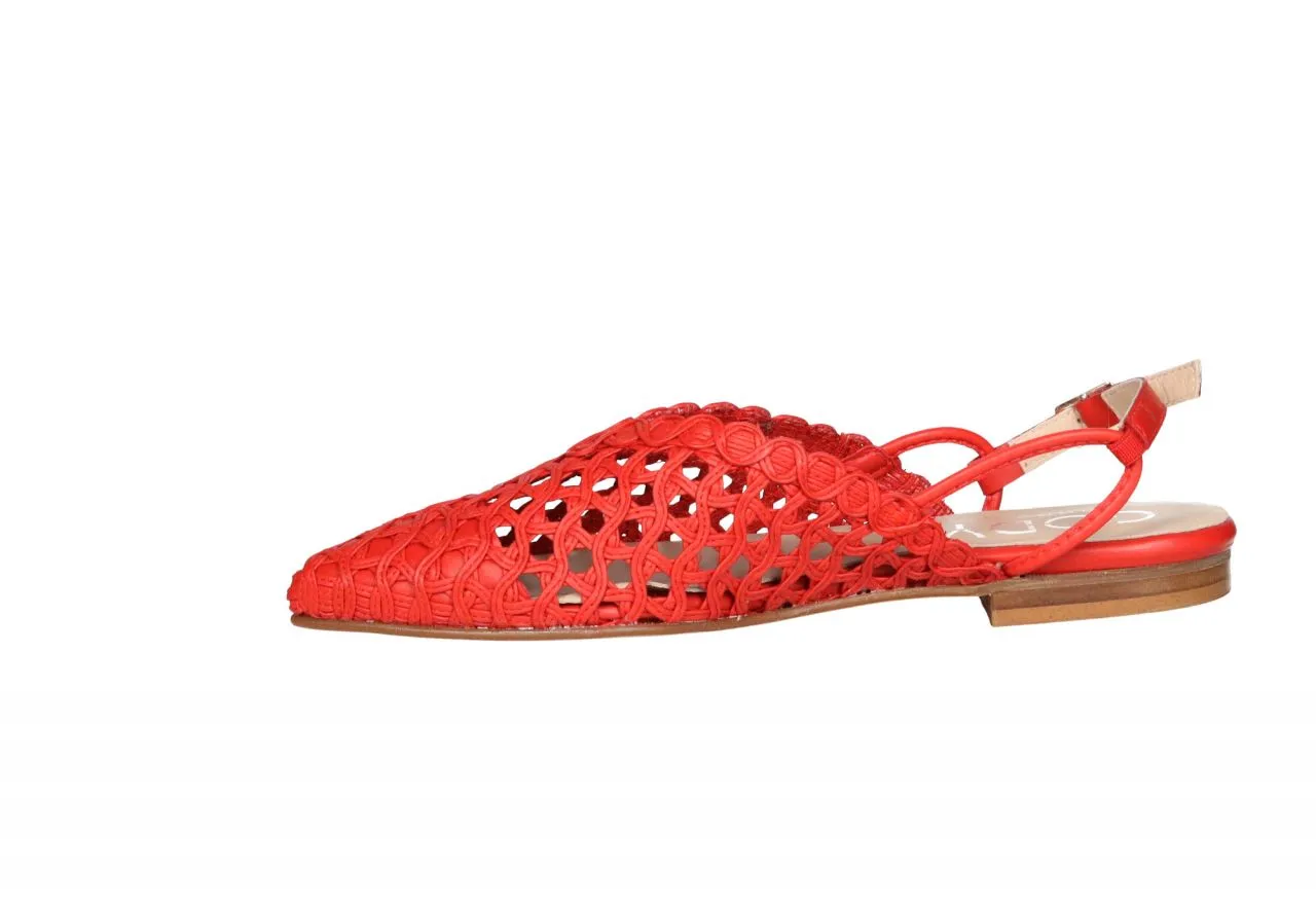 Zapato Talon Abierto Piel Rojo Enrejado Calados