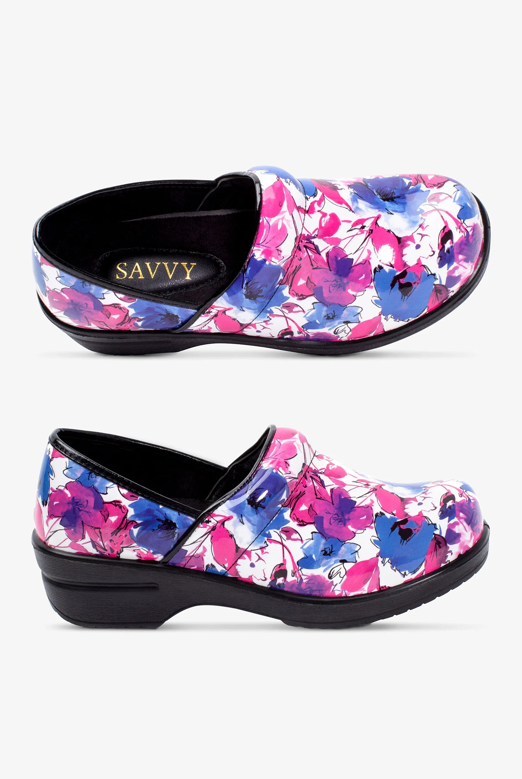 Zuecos de enfermería Savvy Brandy Pink/Purple Flower para mujer